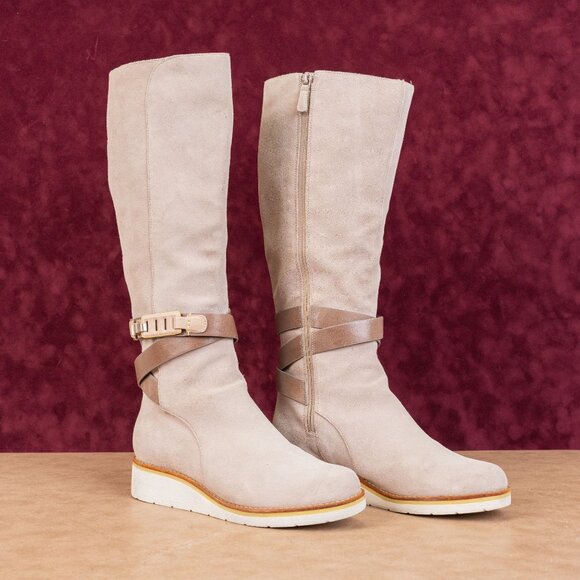 Cole Haan Women Gerina Retro Vintage Y2K Tan Suede Waterproof Wedge Boots sz 8 - Picture 1 of 10
